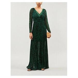 Self-Portrait Green Leopard Pleated Chiffon Maxi Dress Size 4